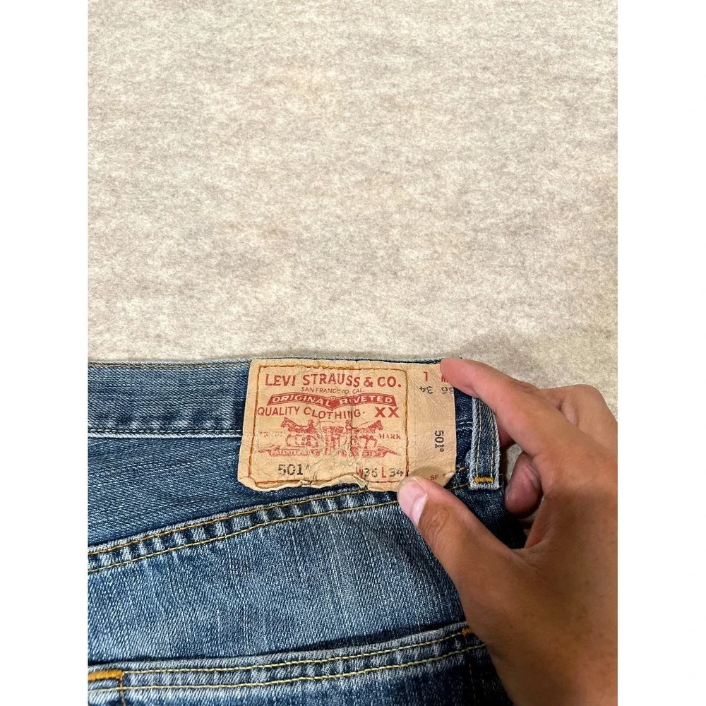 Levis 501 Original Fit‎ Jeans Mens 36x34 Blue Whisker Denim Cotton Logo Mid Rise